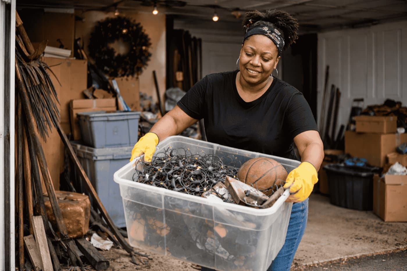She Does Hauling founder carrying a bin of reclaimed items out of a cluttered garage
